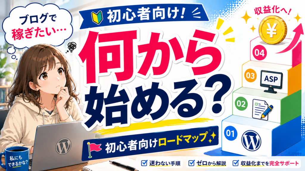 ブログの始め方を初心者向けに解説し、開設から収益化までの流れを示した画像