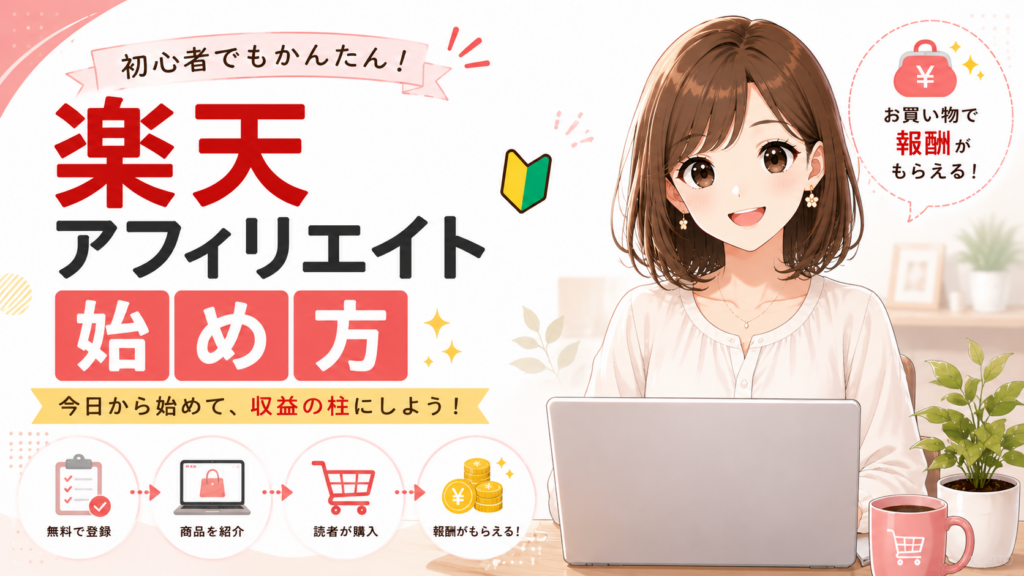 楽天アフィリエイトの始め方を初心者向けに解説するイメージ
